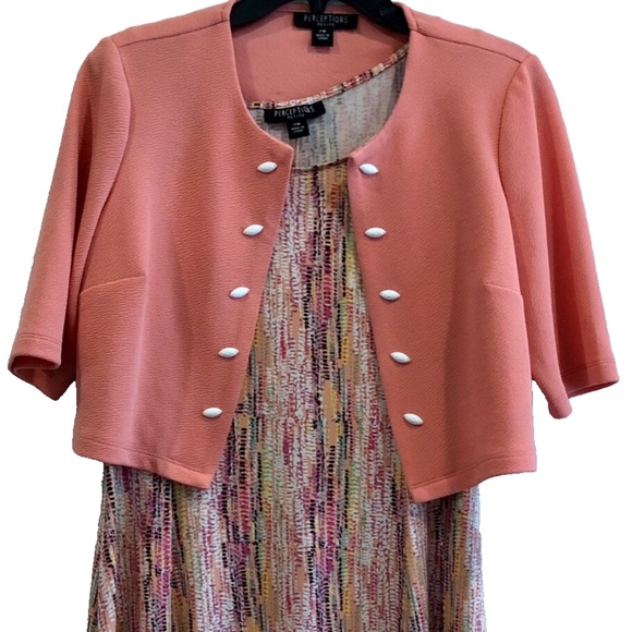 Perceptions Petite Women's 2 Piece Peach Combo Sleeveless Dress & Cardigan PM - Picture 4 of 13